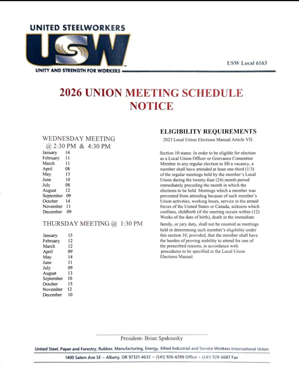 Union Meetings for 2026