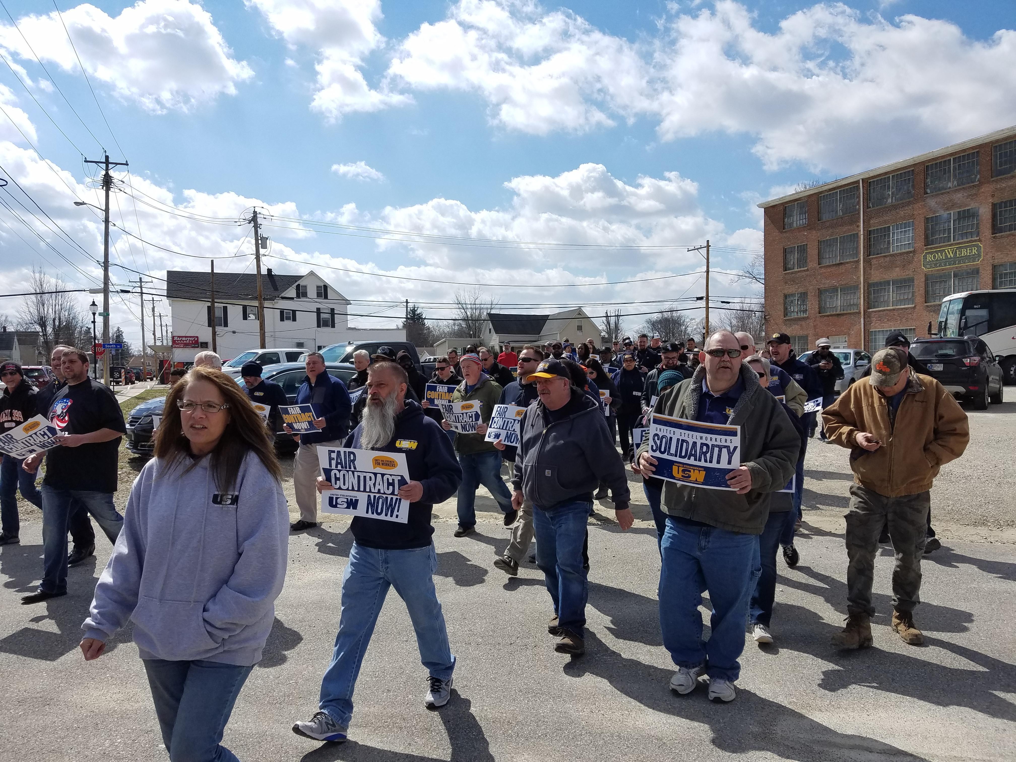 District 7 Members Marching to Batesville Casket Company at a solidarity rally