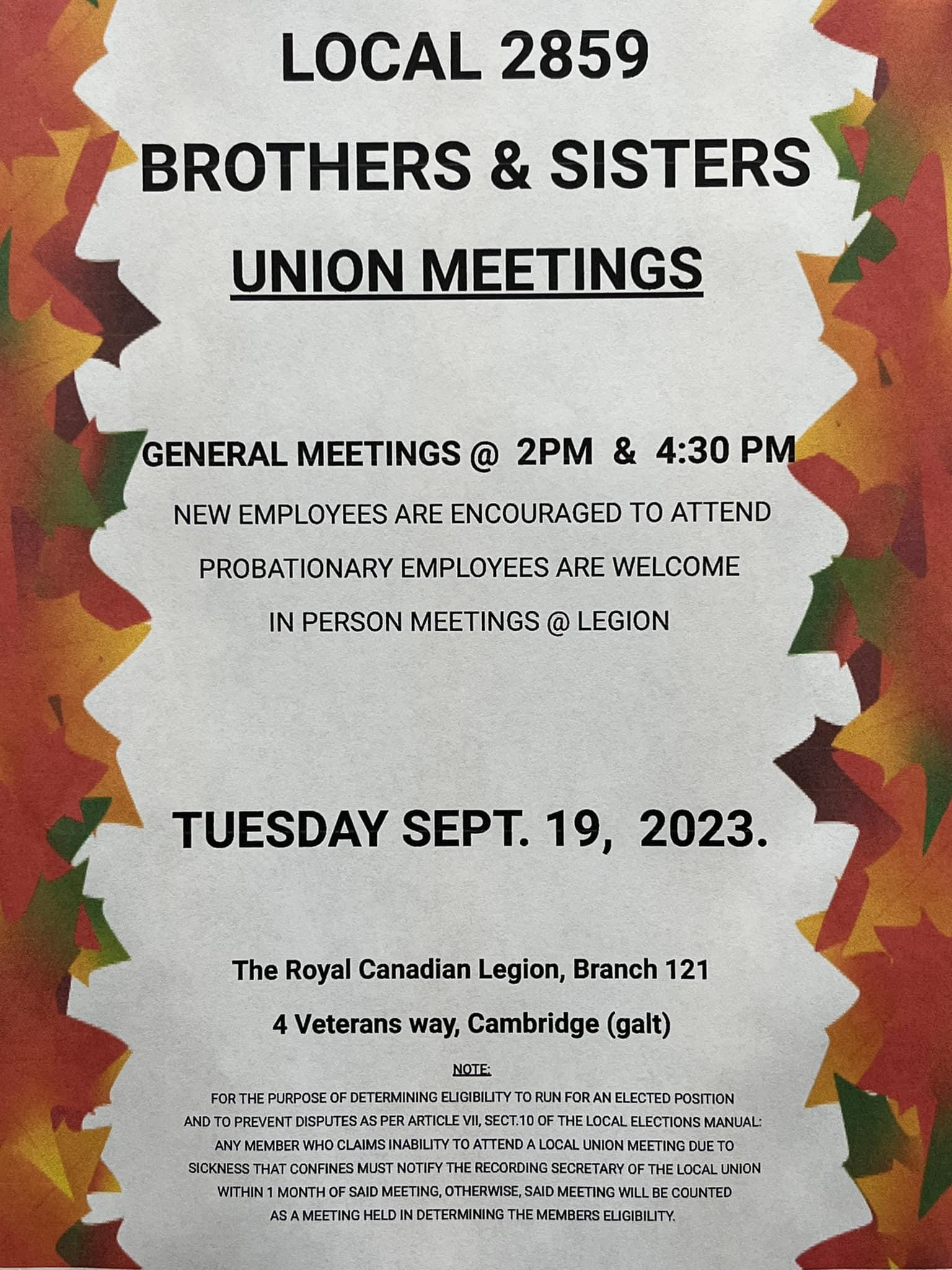 A poster of Local 2859's monthly meeting notice